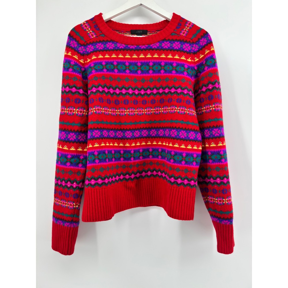 J.Crew Womens Red Fair Isle Wool Crewneck Sweater M Multicolor Knit Pullover